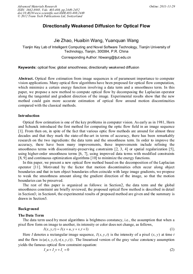 directionally weakened diffusion for optical flow