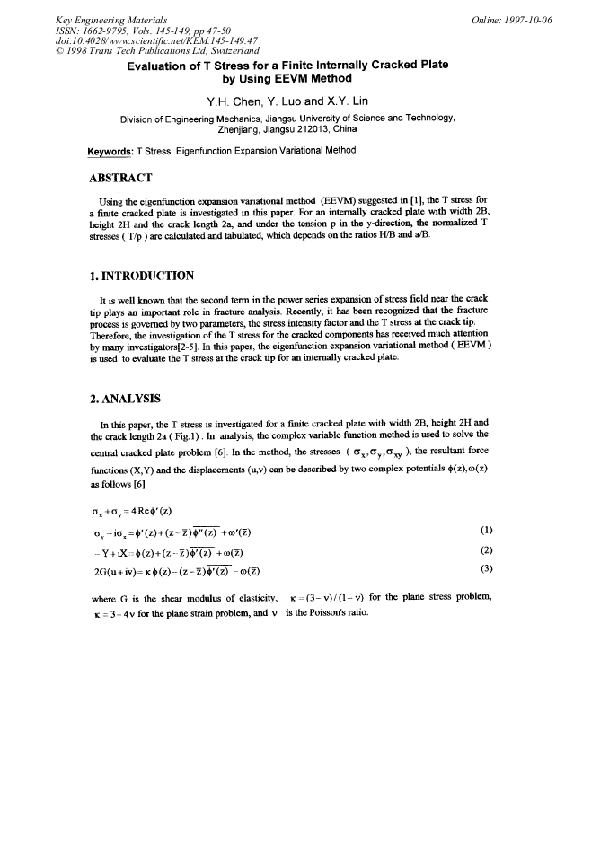 evaluation of t stress for a finite internally cracked plate by